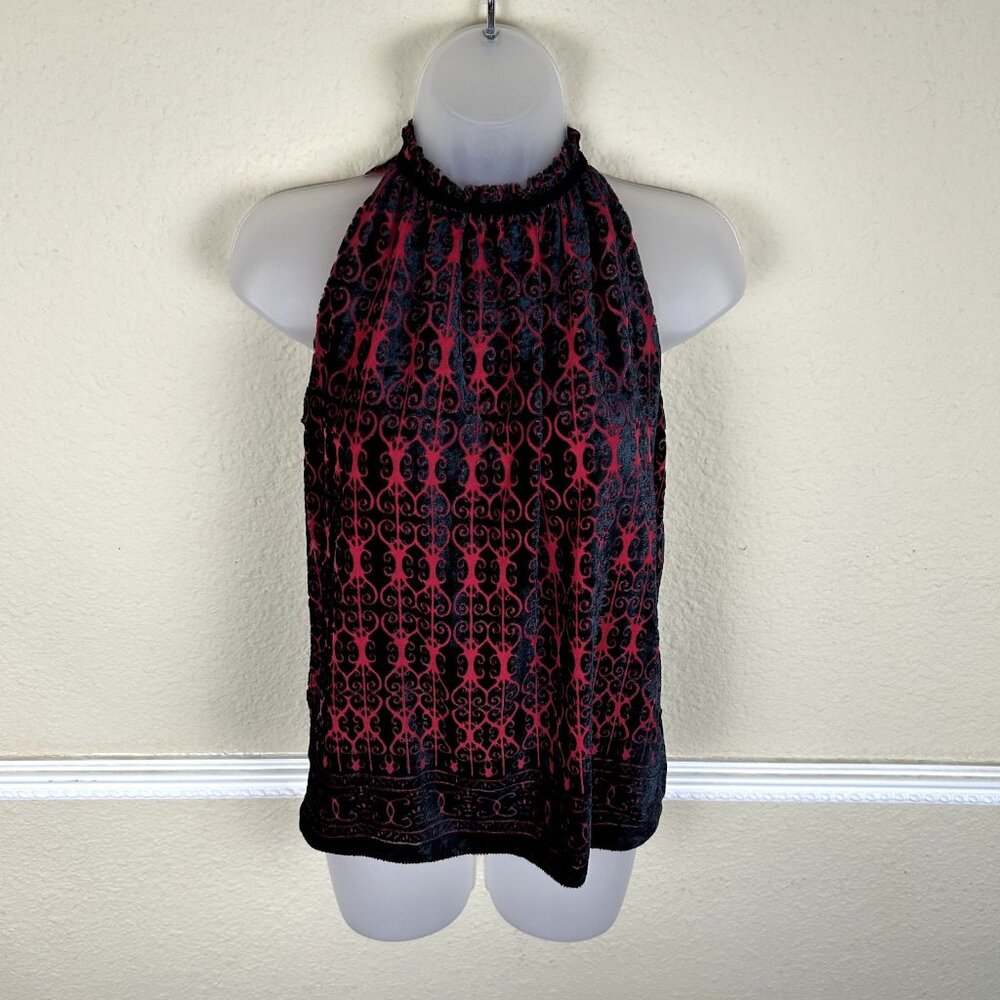Max Studio Brocade Vampy Red Black Velvet Goth Sleeveless Halter Top SZ Small